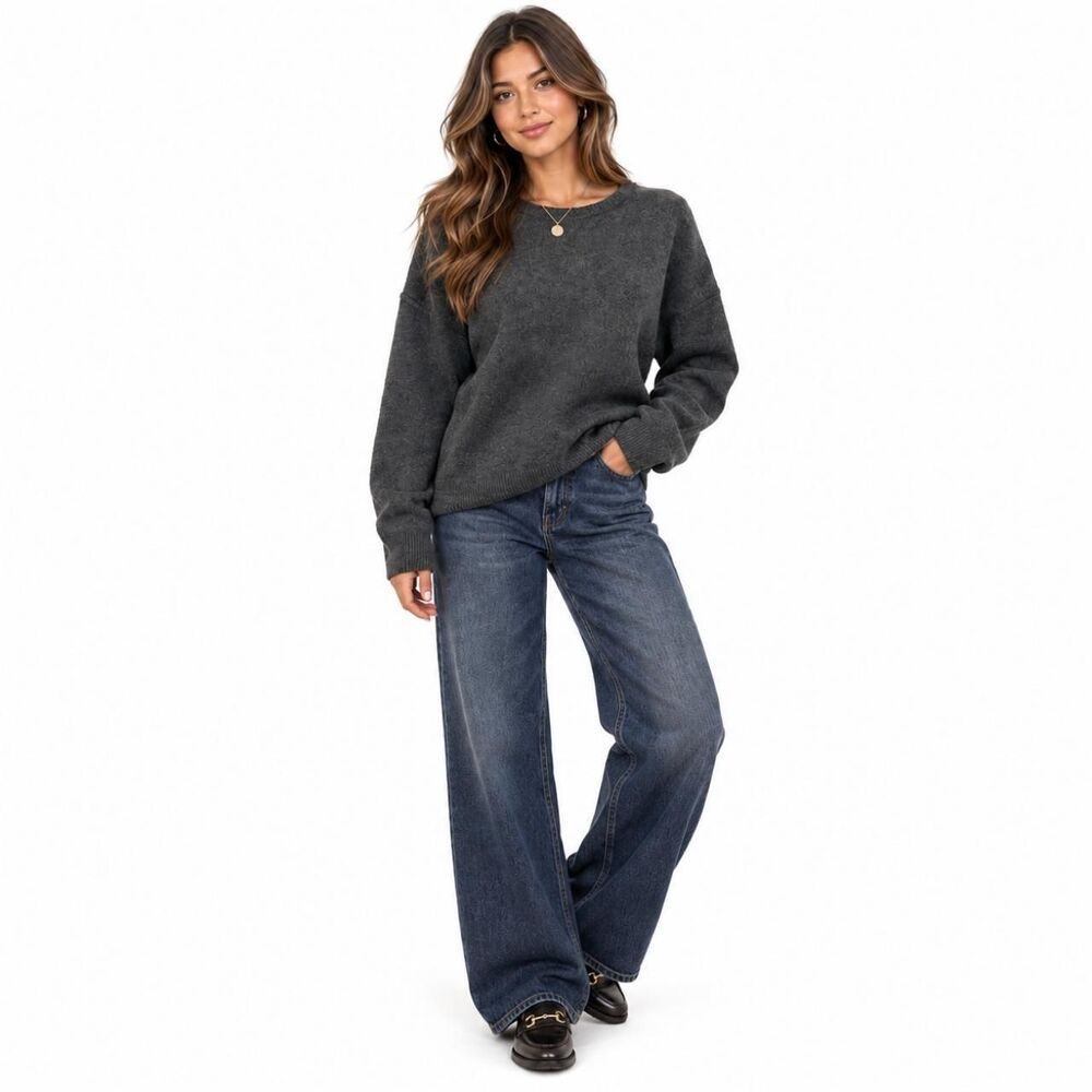 Free People Charcoal Gray Cropped Slouchy Crewneck Sweater M